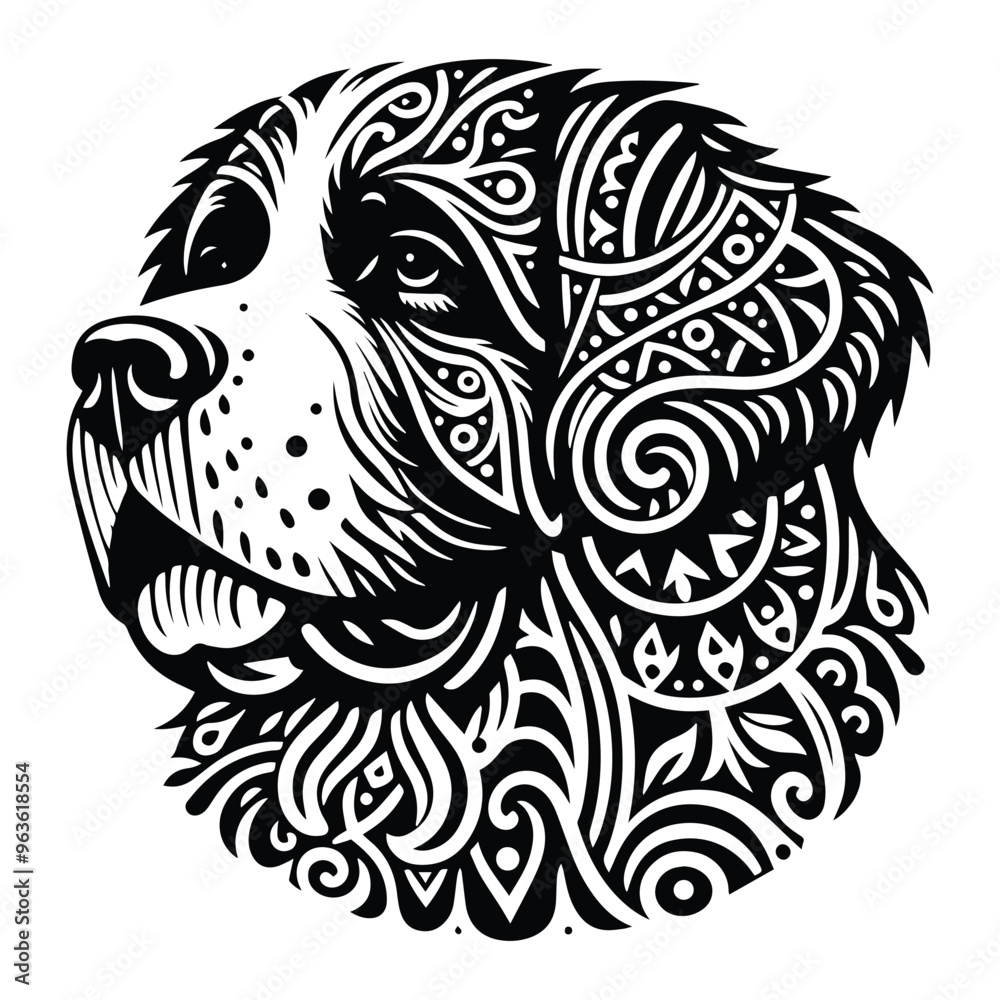 Obraz premium bernard dog in zentangle art, stencil logo, black and white animal illustration