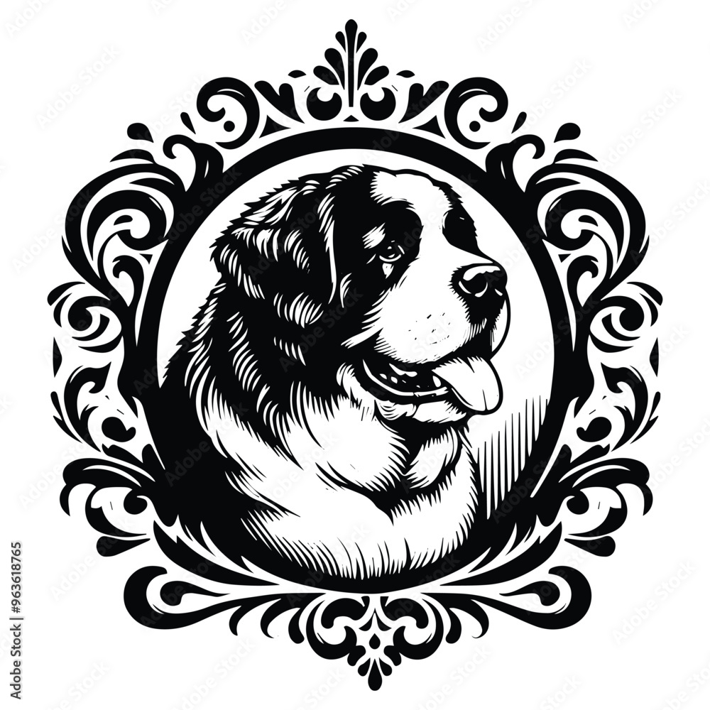 Fototapeta premium bernard dog with victorian flourish decoration, stencil logo, black and white animal illustration
