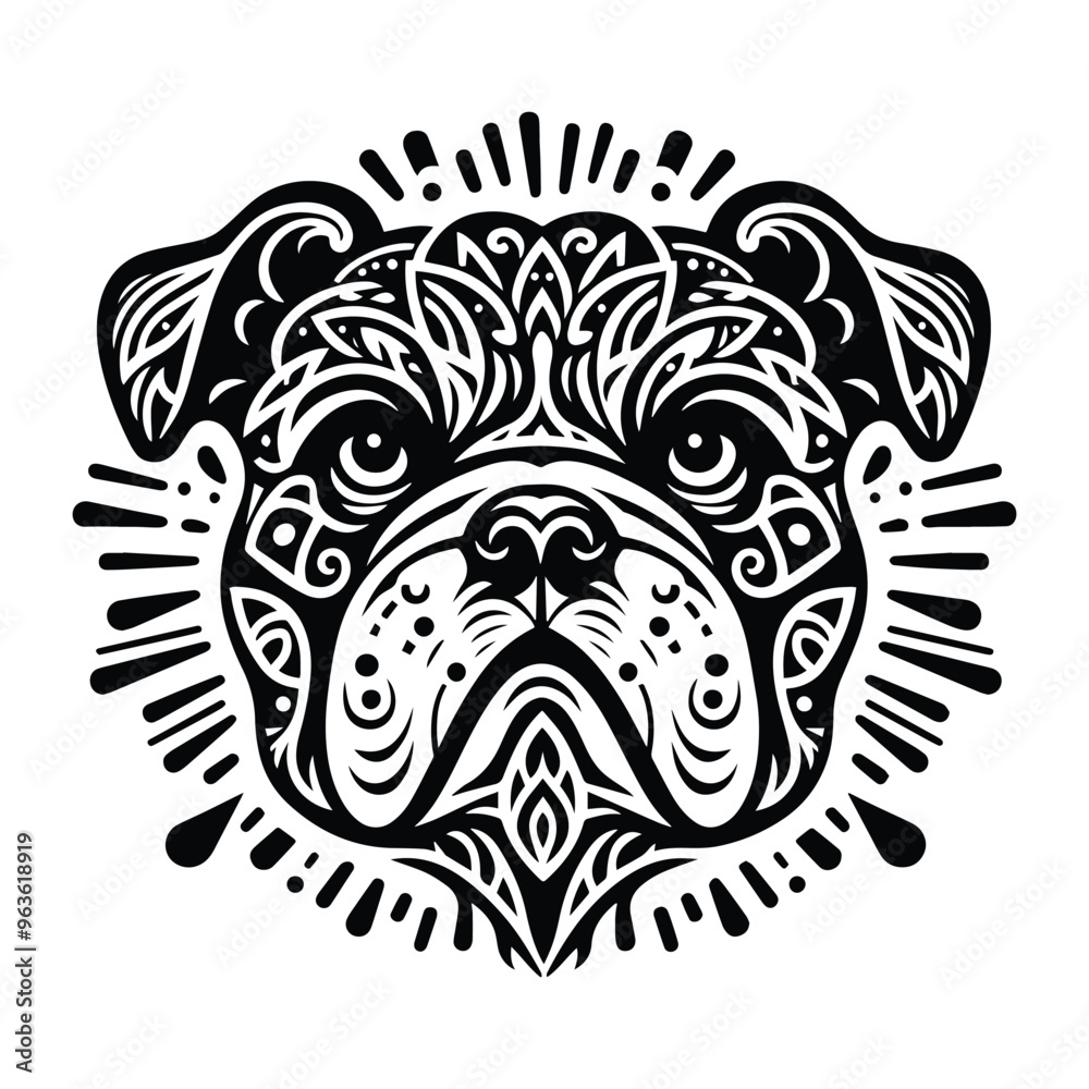 Fototapeta premium Bulldog in zentangle art, stencil logo, black and white animal illustration