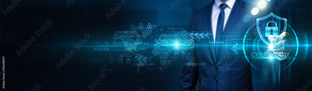 Naklejka premium Businessman touches secure digital structure global network. Cybersecurity systems ensure global connected. Protected data flows through encrypted channels, safeguarding sensitive information.