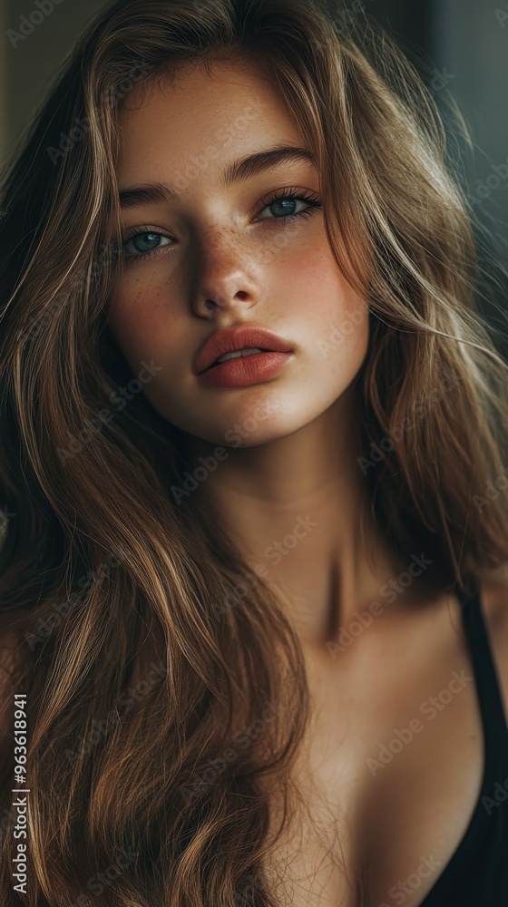 Young woman with long hair posing indoors near a window in soft light Young woman with long hair posing indoors near a window in soft light