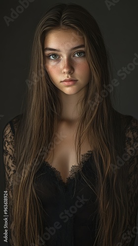 Portrait of a young woman with long hair and expressive eyes in dim light