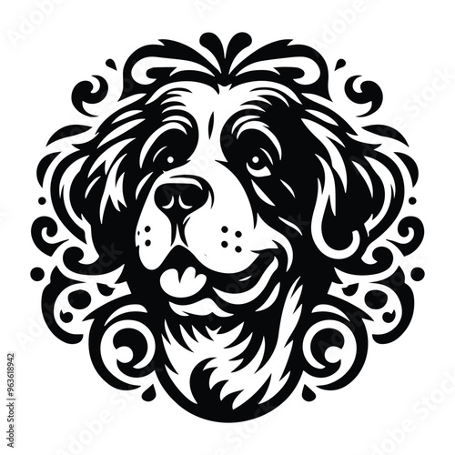 Wallpaper Mural bernard dog with victorian flourish decoration, stencil logo, black and white animal illustration Torontodigital.ca