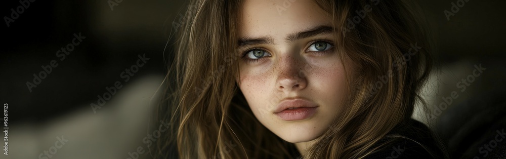 Portrait of a young woman with captivating green eyes in soft light Portrait of a young woman with captivating green eyes in soft light
