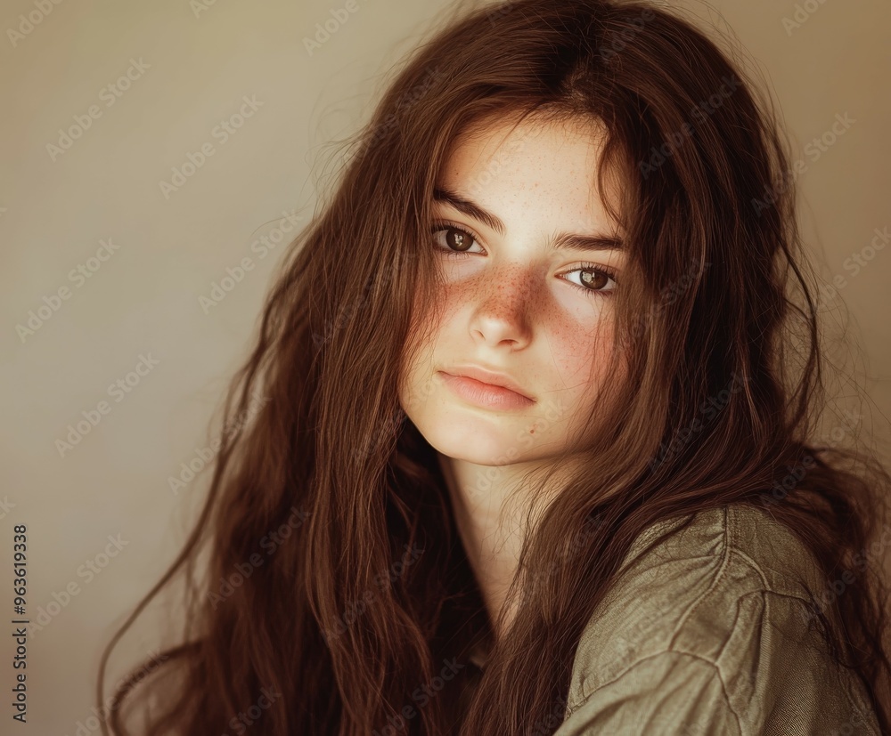 Young woman with long hair thinking in soft indoor light Young woman with long hair thinking in soft indoor light
