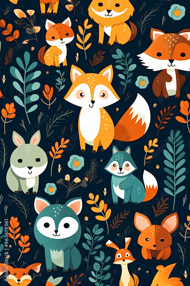 Fototapeta premium seamless abstract pattern with leaves and animals
