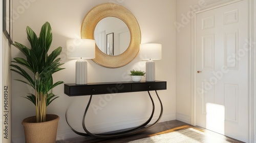 A modern entryway with a statement console table and decorative mirror