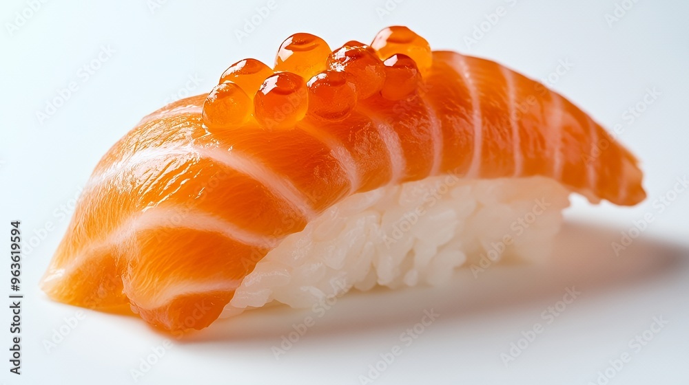 A single piece of sushi topped with salmon and red caviar, isolated on a white background. A single piece of sushi topped with salmon and red caviar, isolated on a white background.