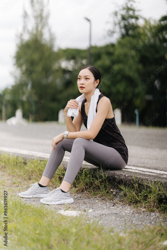 Post-Workout Refection: A young woman in athletic wear takes a moment to rehydrate and reflect after an invigorating workout, her determined expression and relaxed posture conveying a sense of accomp