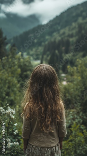 Young girl observing a lush green valley in the mountains during daytime