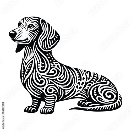 Dachshund dog in zentangle art, stencil logo, black and white animal illustration