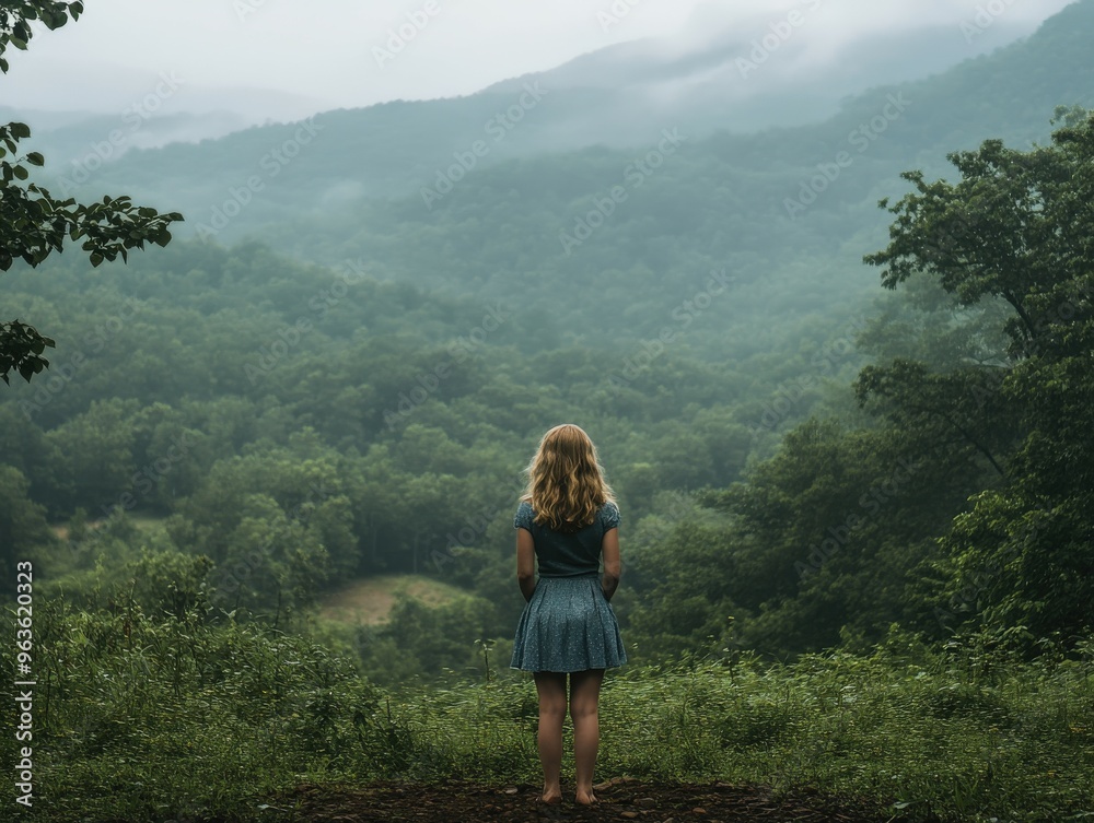 Young woman gazing over misty mountains in the early morning light Young woman gazing over misty mountains in the early morning light