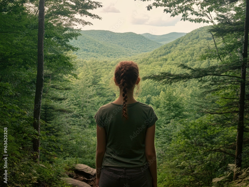 A person gazes over a lush green valley in the mountains during daytime A person gazes over a lush green valley in the mountains during daytime