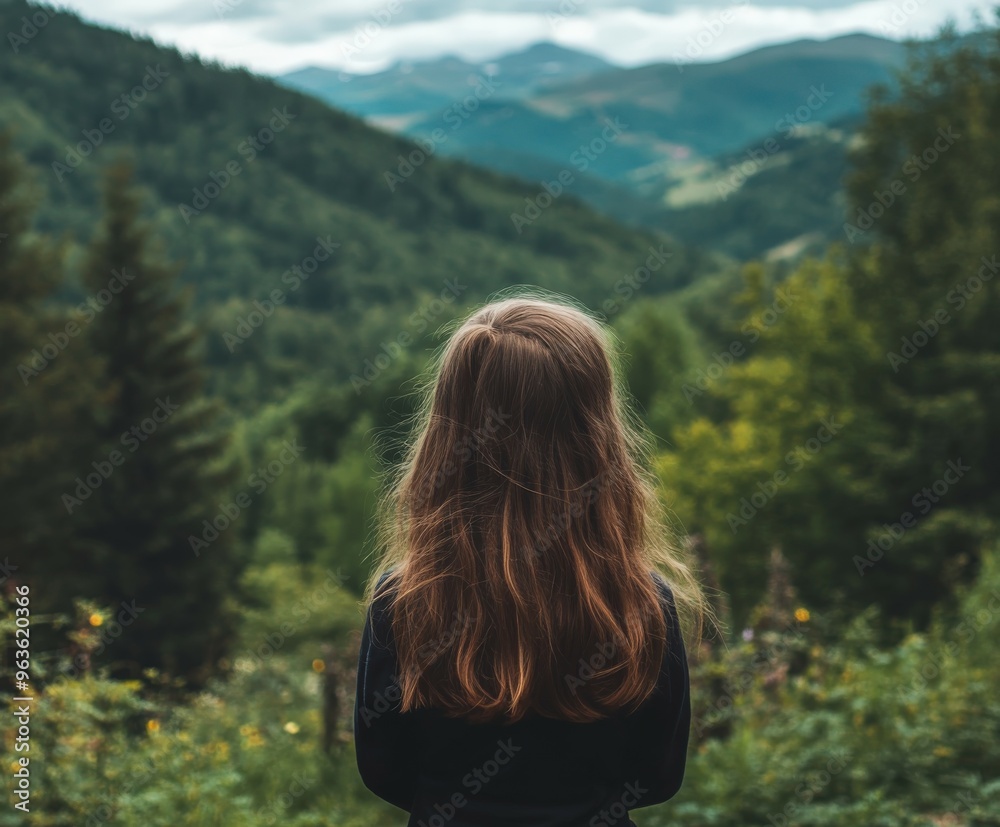 Girl gazes at mountainous landscape in serene forested area Girl gazes at mountainous landscape in serene forested area