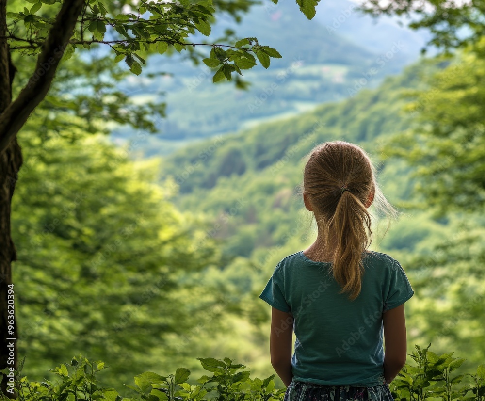 Child gazing at lush green mountains in a serene forest landscape Child gazing at lush green mountains in a serene forest landscape