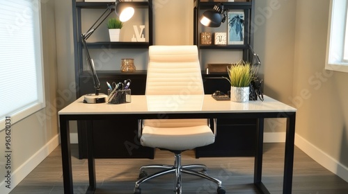 A well-organized home office with a sleek desk and ergonomic chair