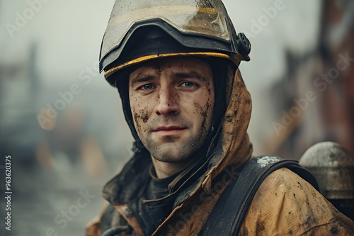 A close-up portrait of a firefighter covered in soot and grime after battling a blaze. He looks directly at the camera with a serious expression.