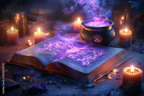 Magical spellbook with glowing runes and cauldron surrounded by candles photo