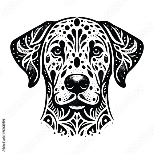 dalmatian dog in zentangle art, stencil logo, black and white animal illustration
