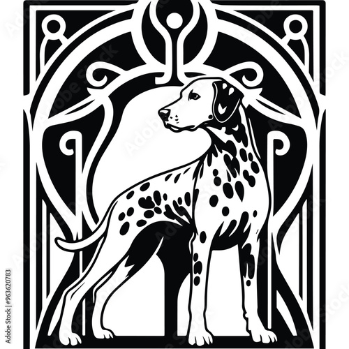 dalmatian dog with art nouveau decoration, stencil logo, black and white animal illustration