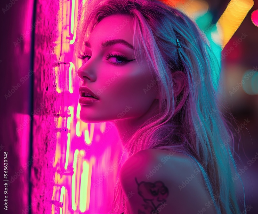 Young woman with pink neon lights in a vibrant urban setting at night Young woman with pink neon lights in a vibrant urban setting at night