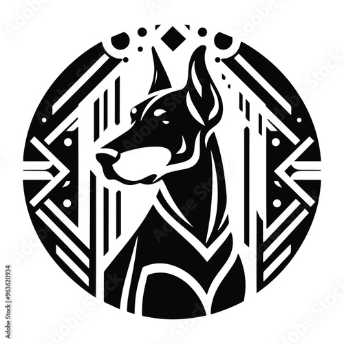 Doberman dog with art deco decoration, stencil logo, black and white animal illustration