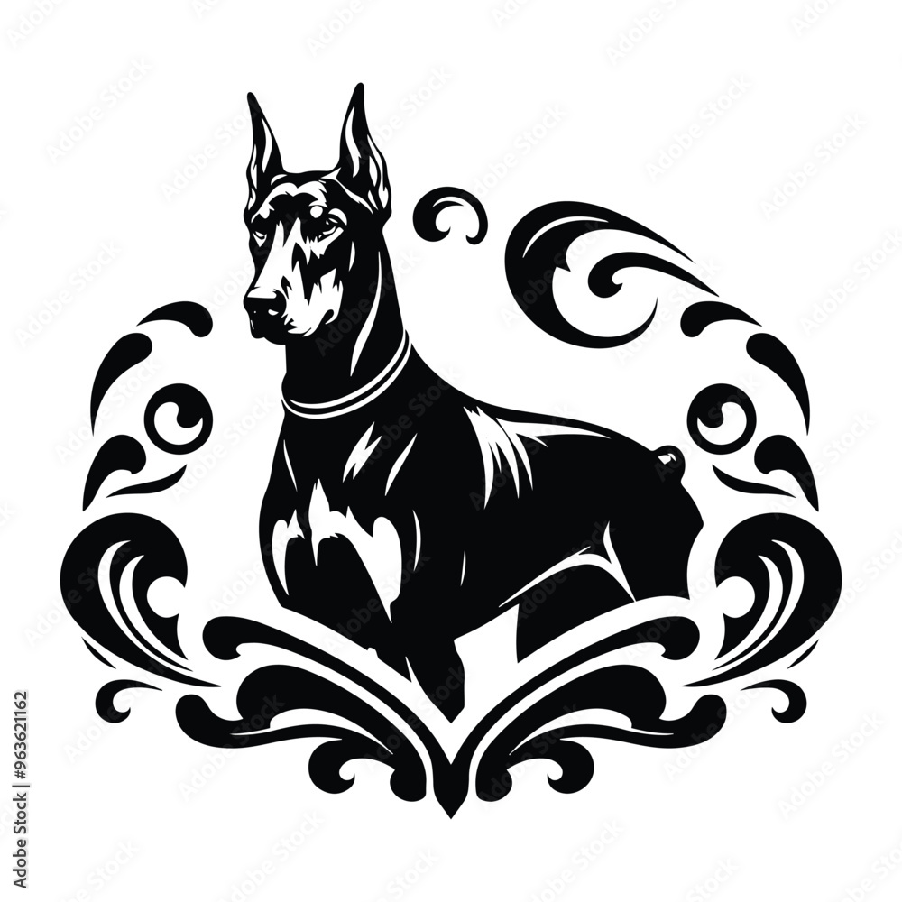 Fototapeta premium Doberman dog with victorian flourish decoration, stencil logo, black and white animal illustration