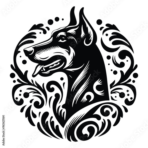 Doberman dog with victorian flourish decoration, stencil logo, black and white animal illustration