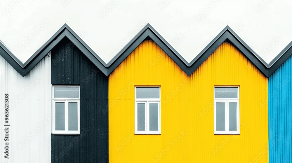 A line of diverse houses abuts a building, facing a hazy sky A line of diverse houses abuts a building, facing a hazy sky