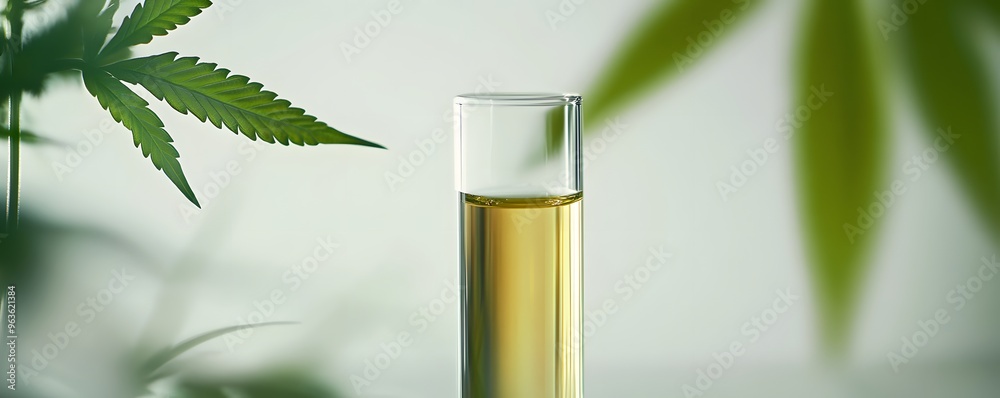 Glass Test Tube with Yellow Liquid and Cannabis Leaf