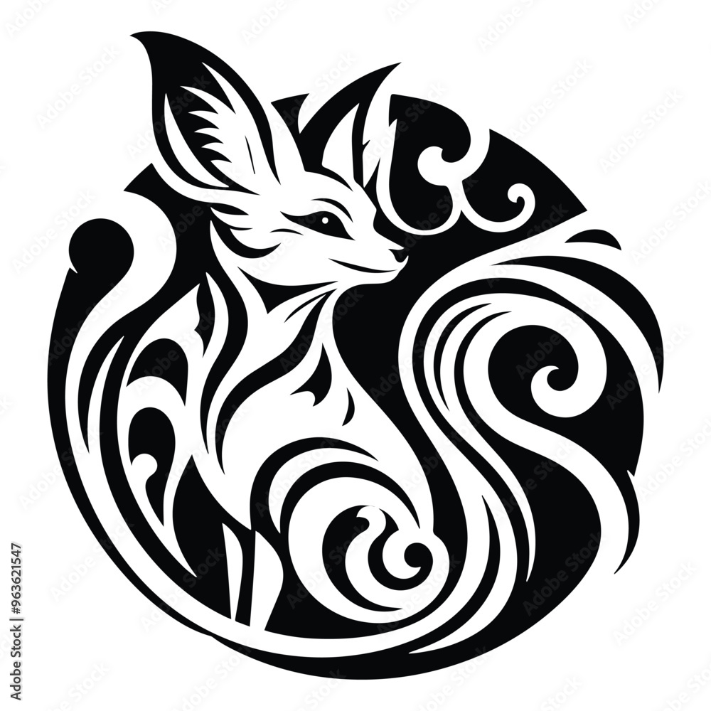 Fennec fox with art nouveau decoration, stencil logo, black and white animal illustration Fennec fox with art nouveau decoration, stencil logo, black and white animal illustration