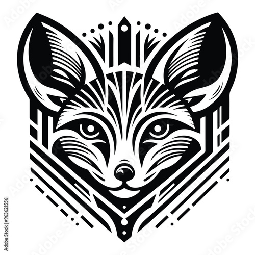 Fennec fox with art deco decoration, stencil logo, black and white animal illustration
