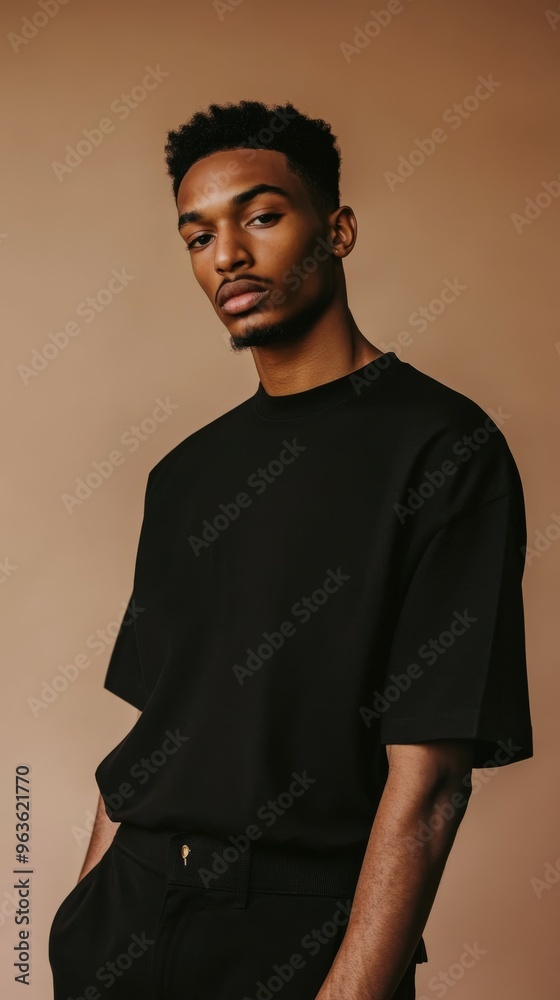 Fototapeta premium Fashion model poses in minimalist attire against a warm backdrop