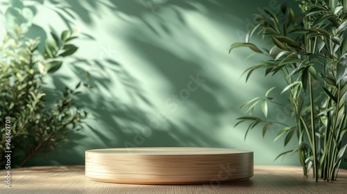 A wooden platform placed on a table with a soft green background and shadows from surrounding plants, ideal for displaying products or creating nature-themed scenes,