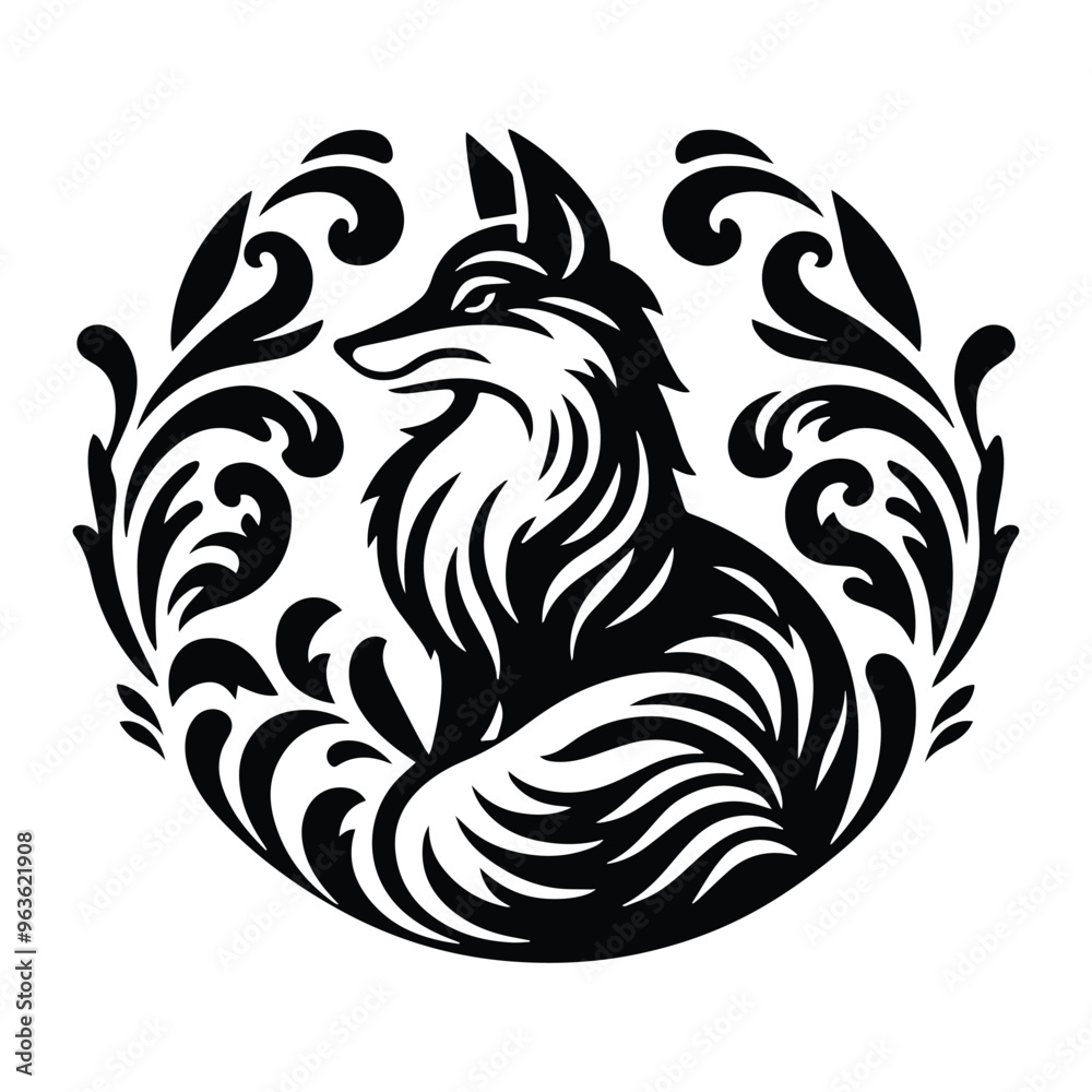 Obraz premium Fox with victorian flourish decoration, stencil logo, black and white animal illustration