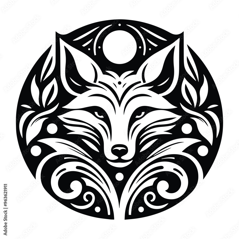 Obraz premium Fox with art nouveau decoration, stencil logo, black and white animal illustration