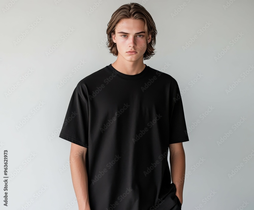 Young male model in casual black t-shirt posing indoors in natural light Young male model in casual black t-shirt posing indoors in natural light