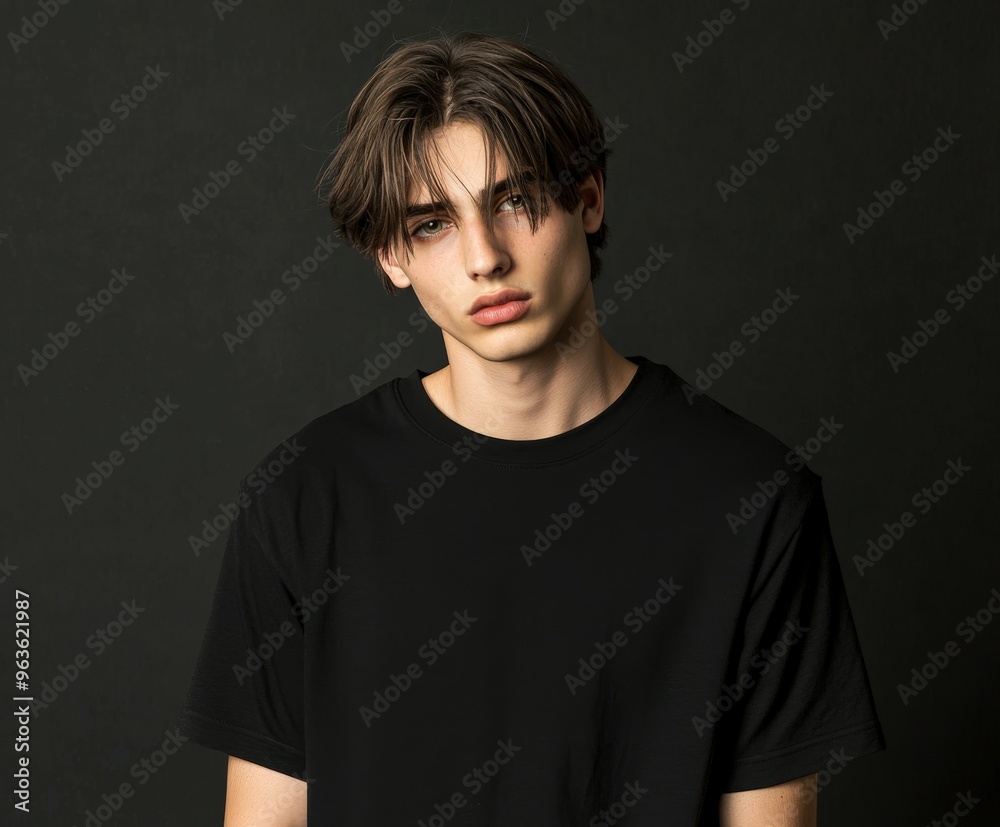 Male model showcasing casual fashion trends against a dark backdrop Male model showcasing casual fashion trends against a dark backdrop