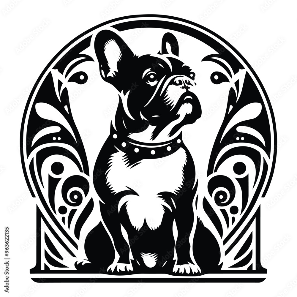 Fototapeta premium French Bulldog with art nouveau decoration, stencil logo, black and white animal illustration