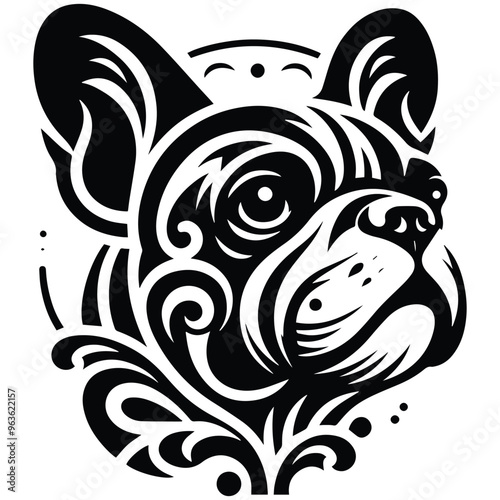 Wallpaper Mural French Bulldog with art nouveau decoration, stencil logo, black and white animal illustration Torontodigital.ca