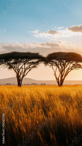 Silhouettes of acacia trees against a golden sunset over the African savanna.