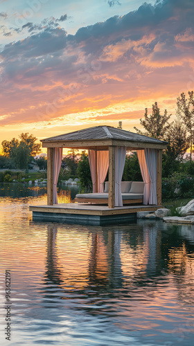 Tranquil lakeside spa cabana at sunset, a serene setting for relaxation and reflection.