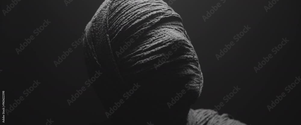 A mummy of a woman against the dark background raises her head and looks around 
