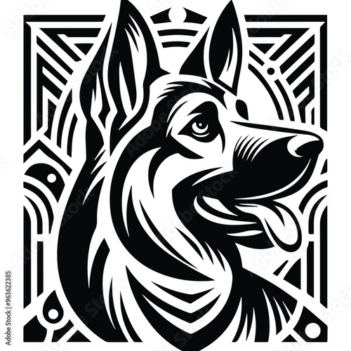 Wallpaper Mural German Shepherd dog with art deco decoration, stencil logo, black and white animal illustration Torontodigital.ca