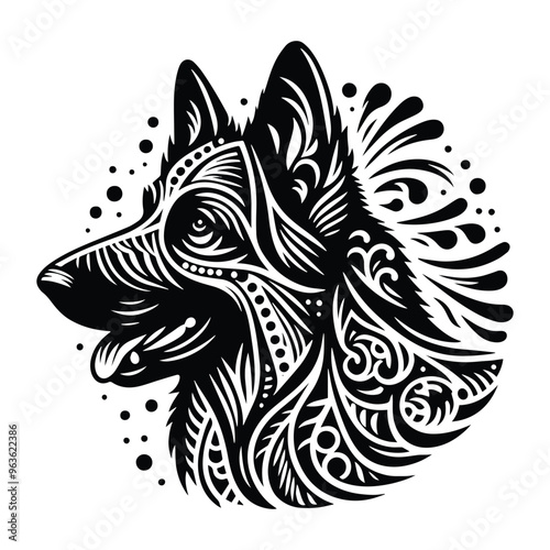 German Shepherd dog in zentangle art, stencil logo, black and white animal illustration