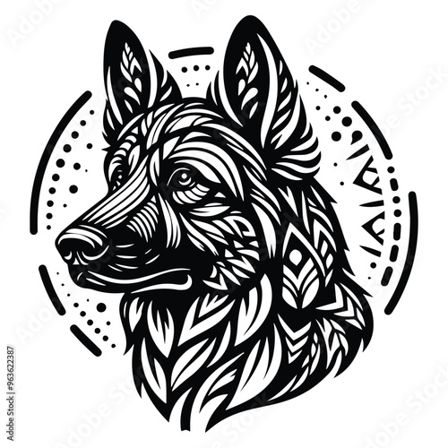 German Shepherd dog in zentangle art, stencil logo, black and white animal illustration