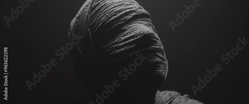 A mummy of a woman against the dark background raises her head and looks around 