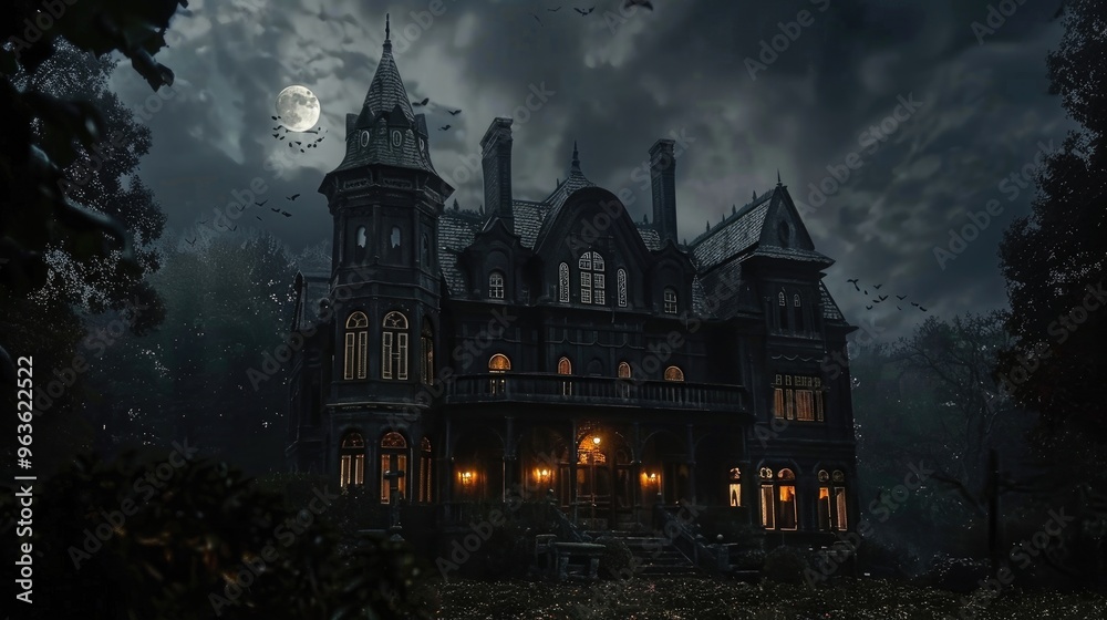 Haunted Victorian mansion with flickering candlelight in windows Haunted Victorian mansion with flickering candlelight in windows