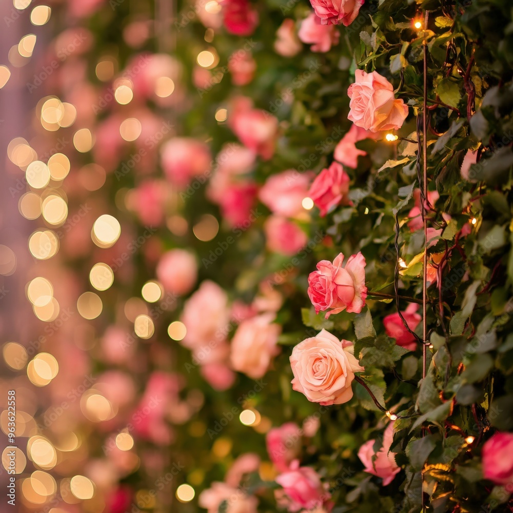 Beautiful rose wall adorned with fairy lights in a garden setting