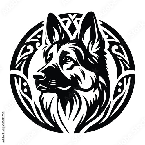 German Shepherd dog with art nouveau decoration, stencil logo, black and white animal illustration